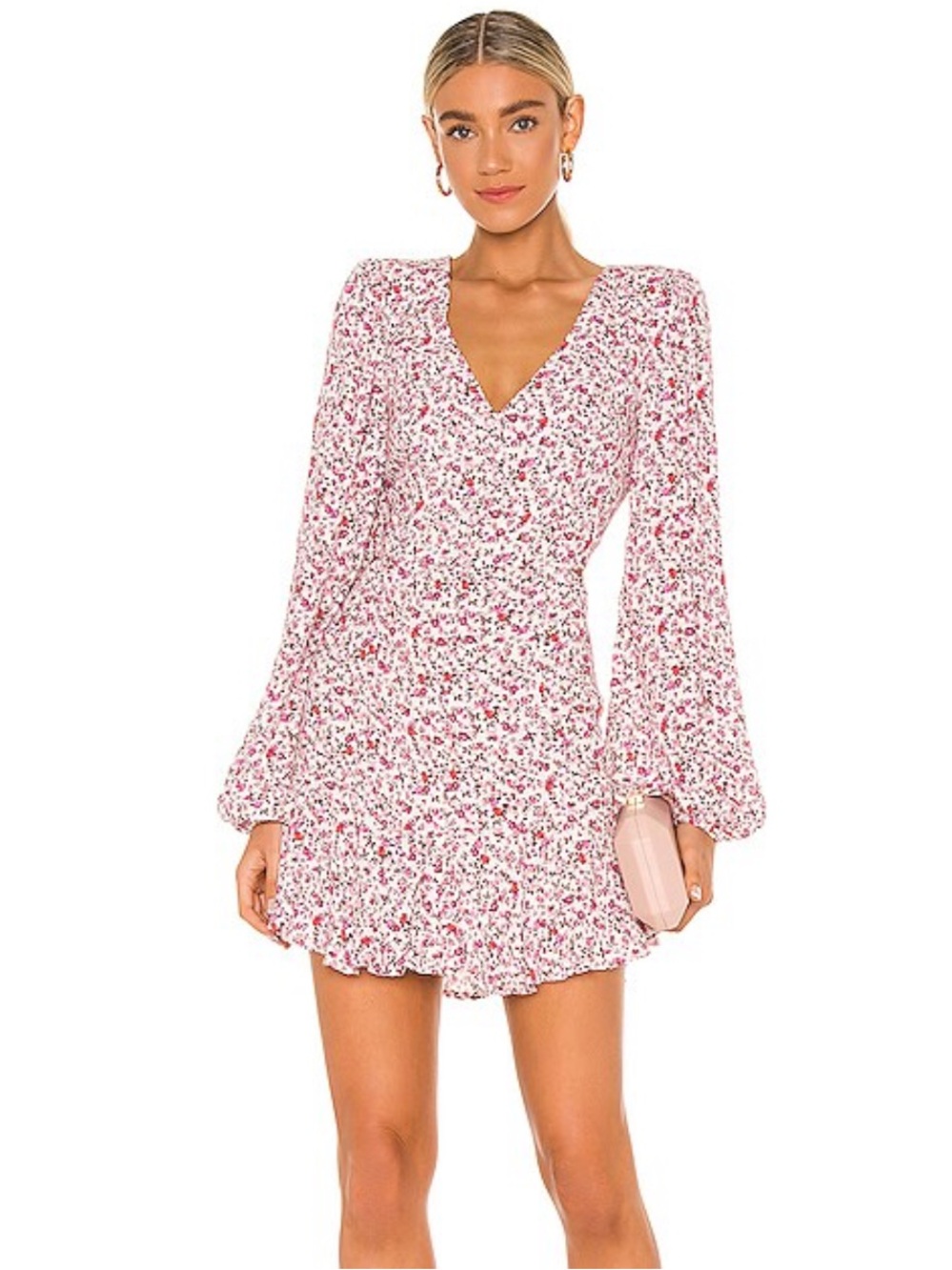 AFRM Monna Blush Pink Ditsy V‑Neck Long‑Sleeve Mini Dress